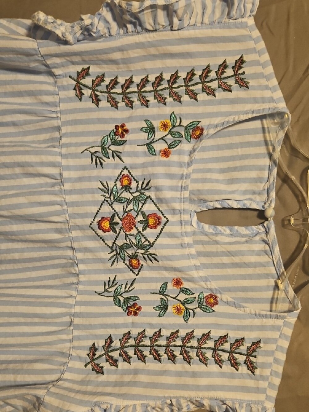 Light Blue Striped Embroidered Flutter Sleeve Top - Picture 2 of 6